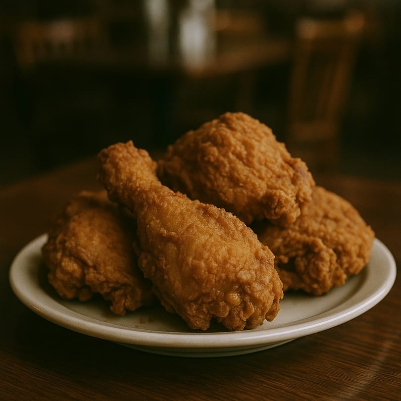 A plate of golden-brown fried chicken, featuring drumsticks and thighs, on a wooden table.