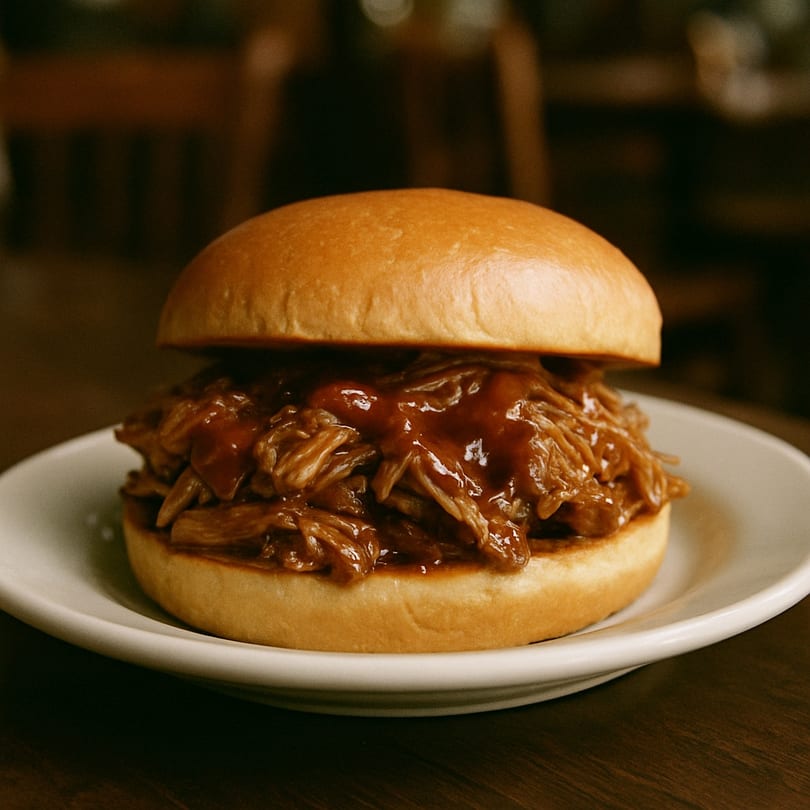 A close-up of a Mittie Mae's Corner Market pulled pork sandwich on a white plate.